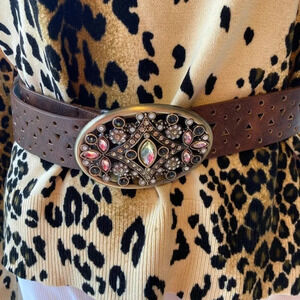 Beautiful Rhine Stones Faux Leather Belt Women Size 1 32.5”
